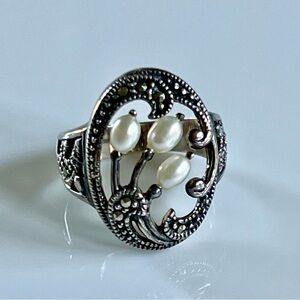 Vintage Sterling Silver 925 Thailand FAS Marcasite Pearls Statement Ring Size 7